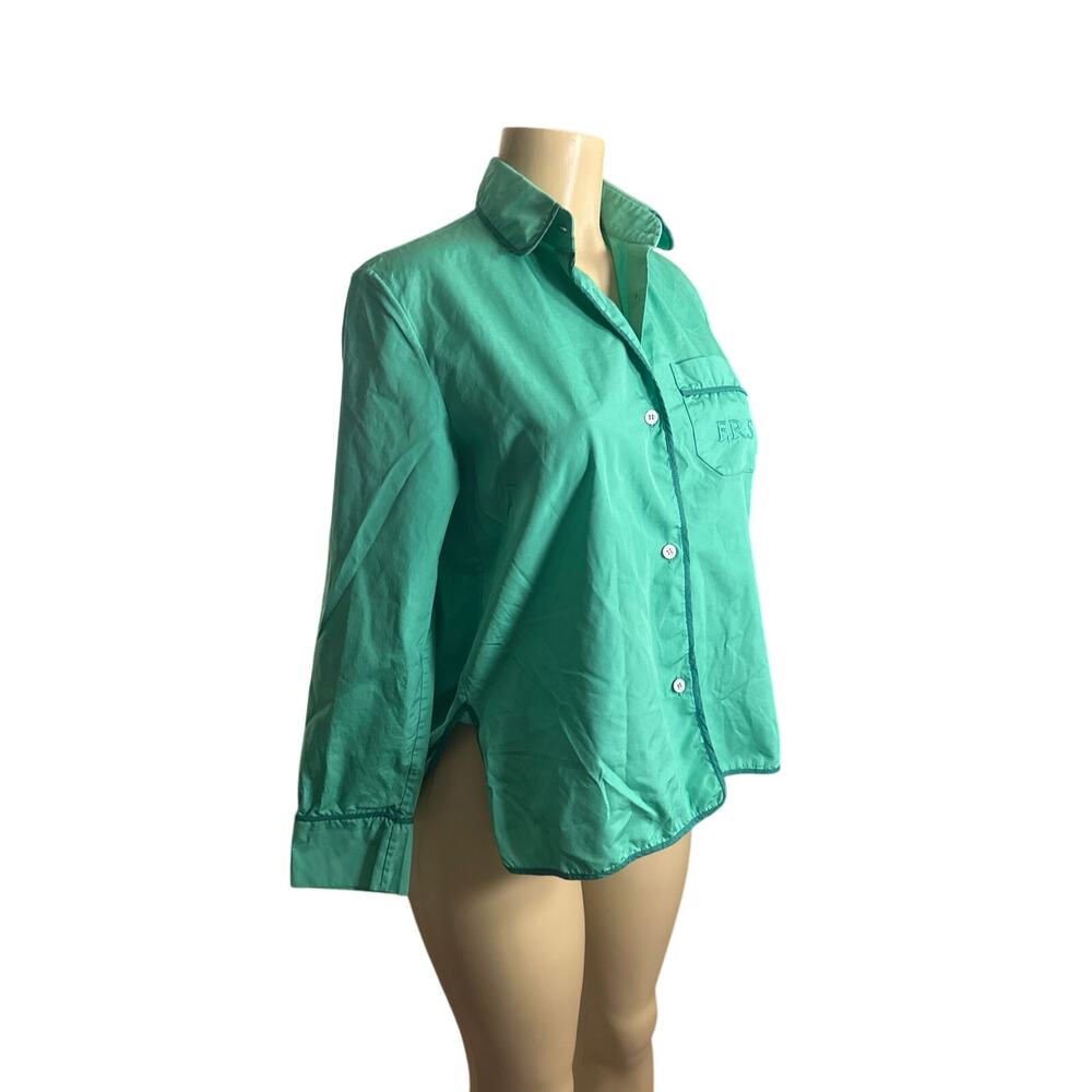 Women S F.R.S. For Restless Sleepers Green Button-Down Pajama Shirt Top Cotton